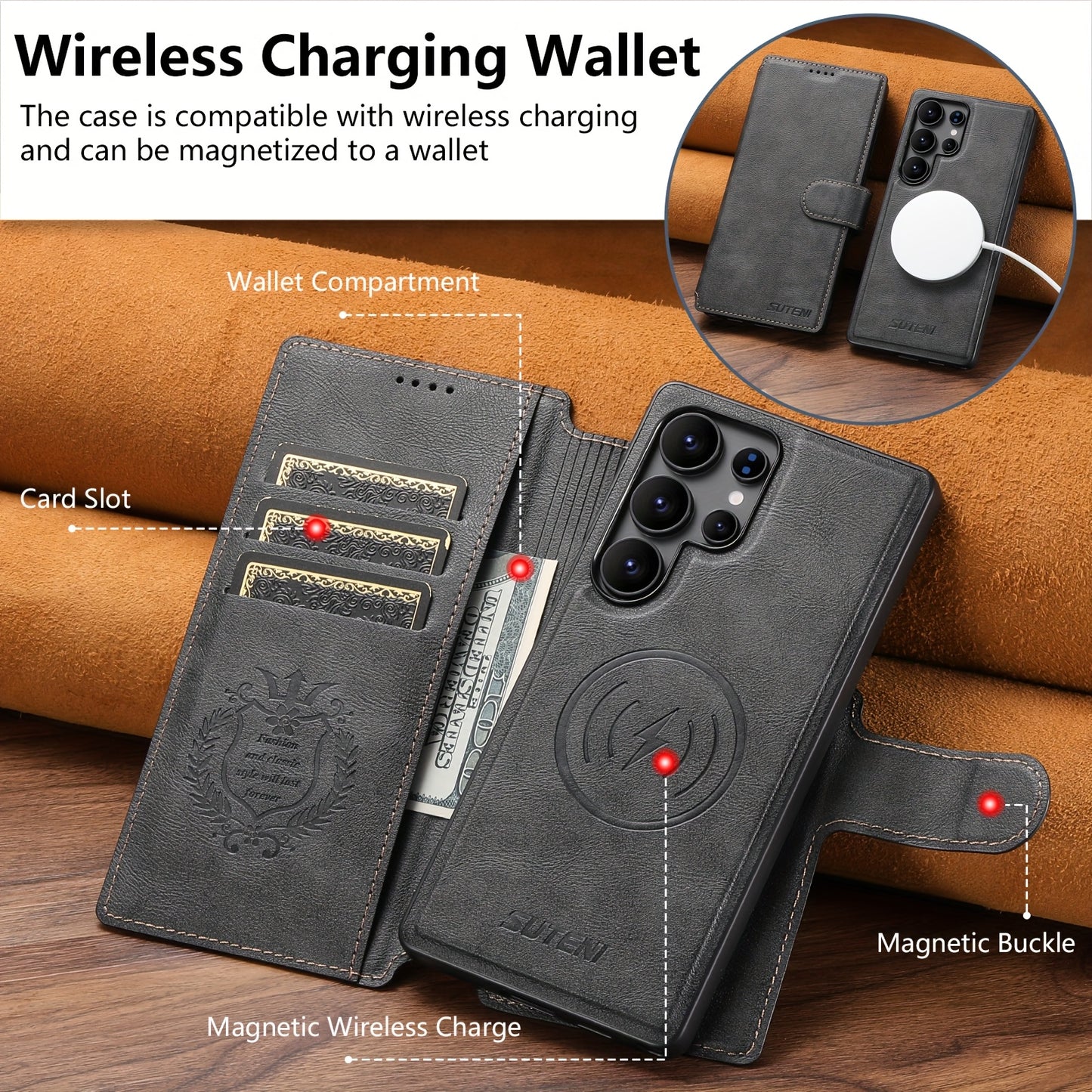 Étui Samsung Galaxy Ultra SUTENI – Similicuir, Recharge Sans Fil, Boucle Magnétique, 3 Coloris