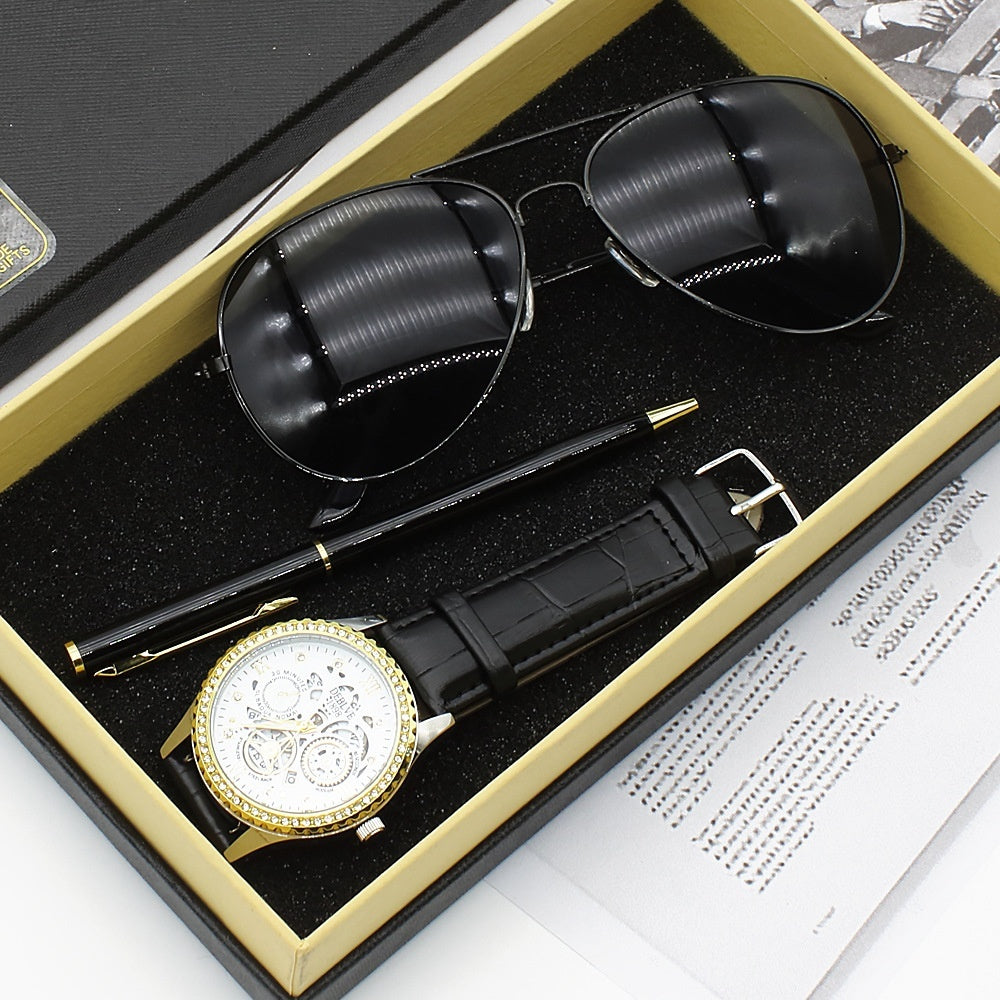 Coffret Cadeau Homme – Montre Quartz + Lunettes + Stylo, Ultra-Fine 8mm 🕹️⌚🕶️