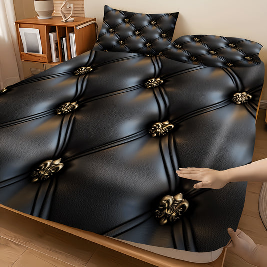 Ensemble Drap-Housse Capitonné 3 Pièces — Motif Cuir Noir & Boutons Dorés, 100% Polyester, 10 Tailles
