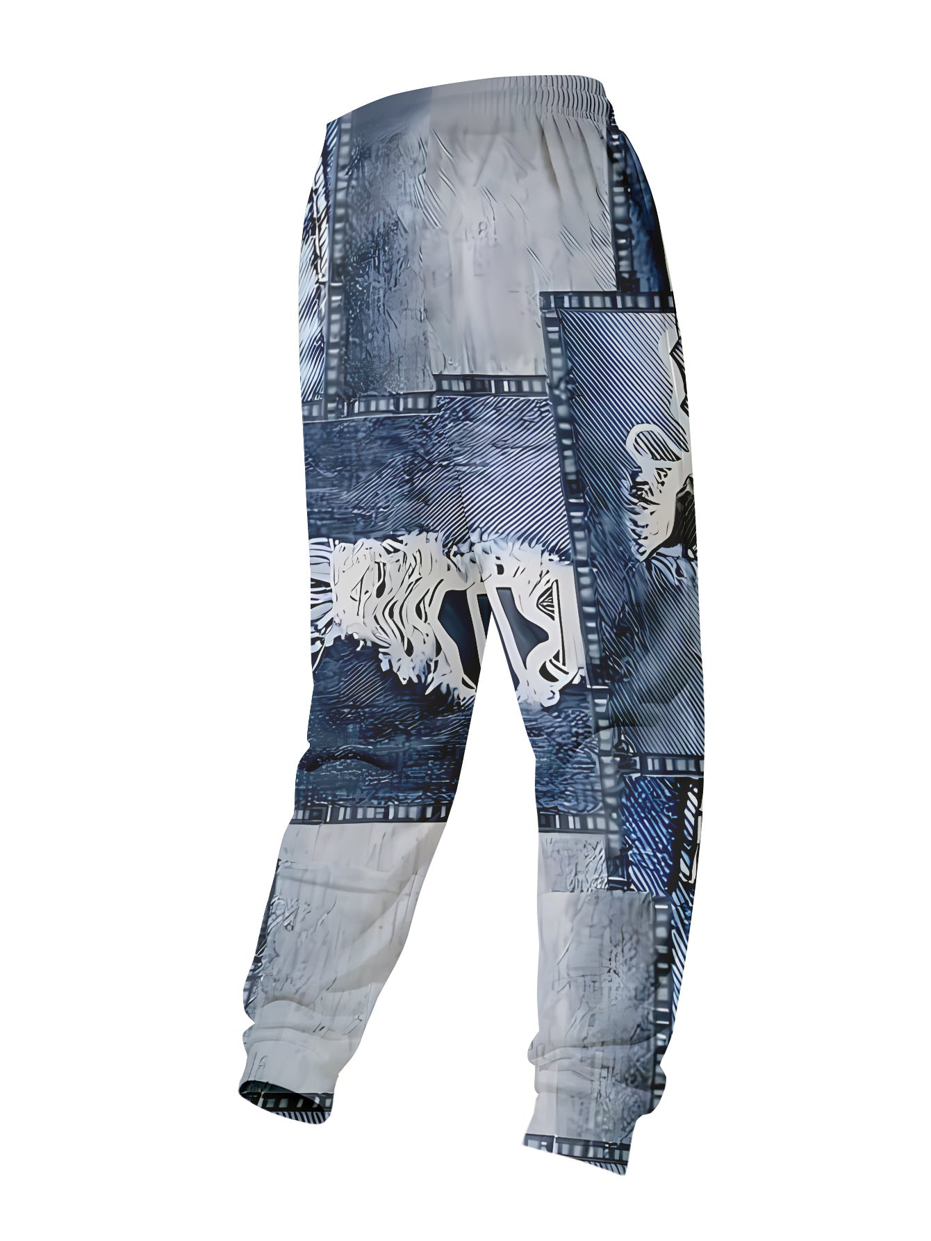 Pantalon jogging homme denim patchwork delave - Ourlet effiloche, poches dechirees, polyester stretch, bleu