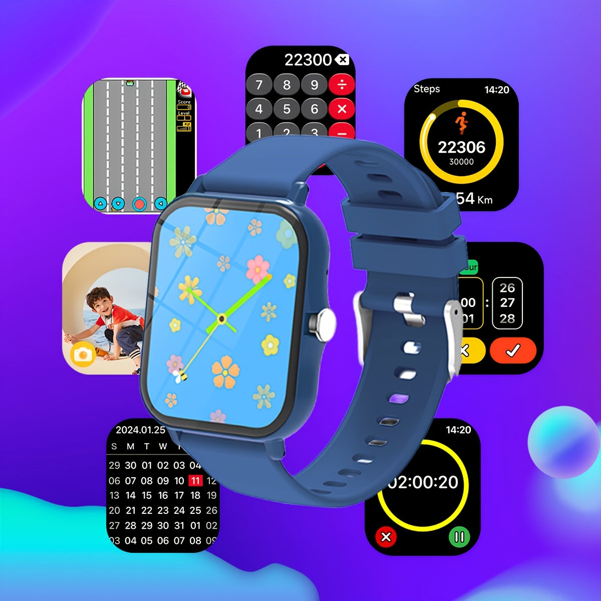 Montre Connectee Enfants Educative - Jeux, Musique, Photo Distance, Calculatrice, Reveil, Bracelet Silicone, 4 Coloris