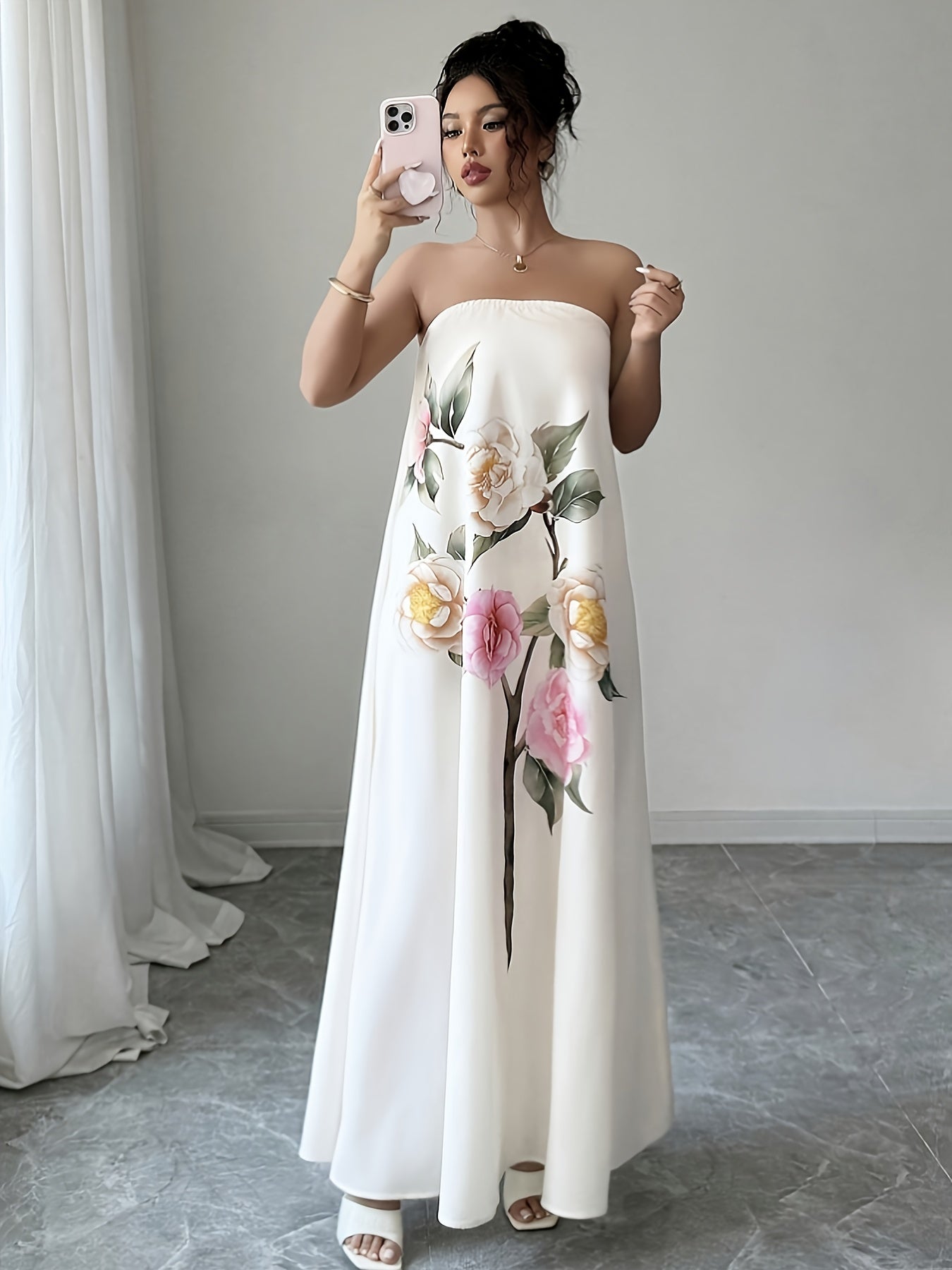 Robe Tunique Femme Elegante Imprime Floral Epaules Denudees – Style Ete Chic, Blanc | S au XL