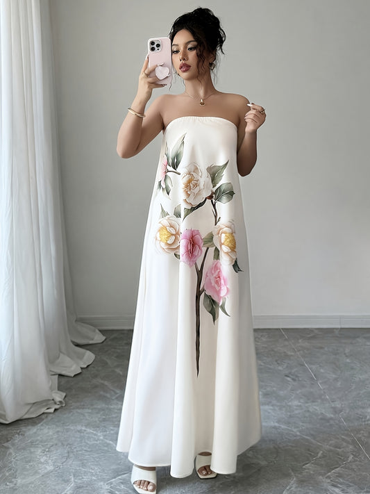 Robe Tunique Femme Elegante Imprime Floral Epaules Denudees – Style Ete Chic, Blanc | S au XL