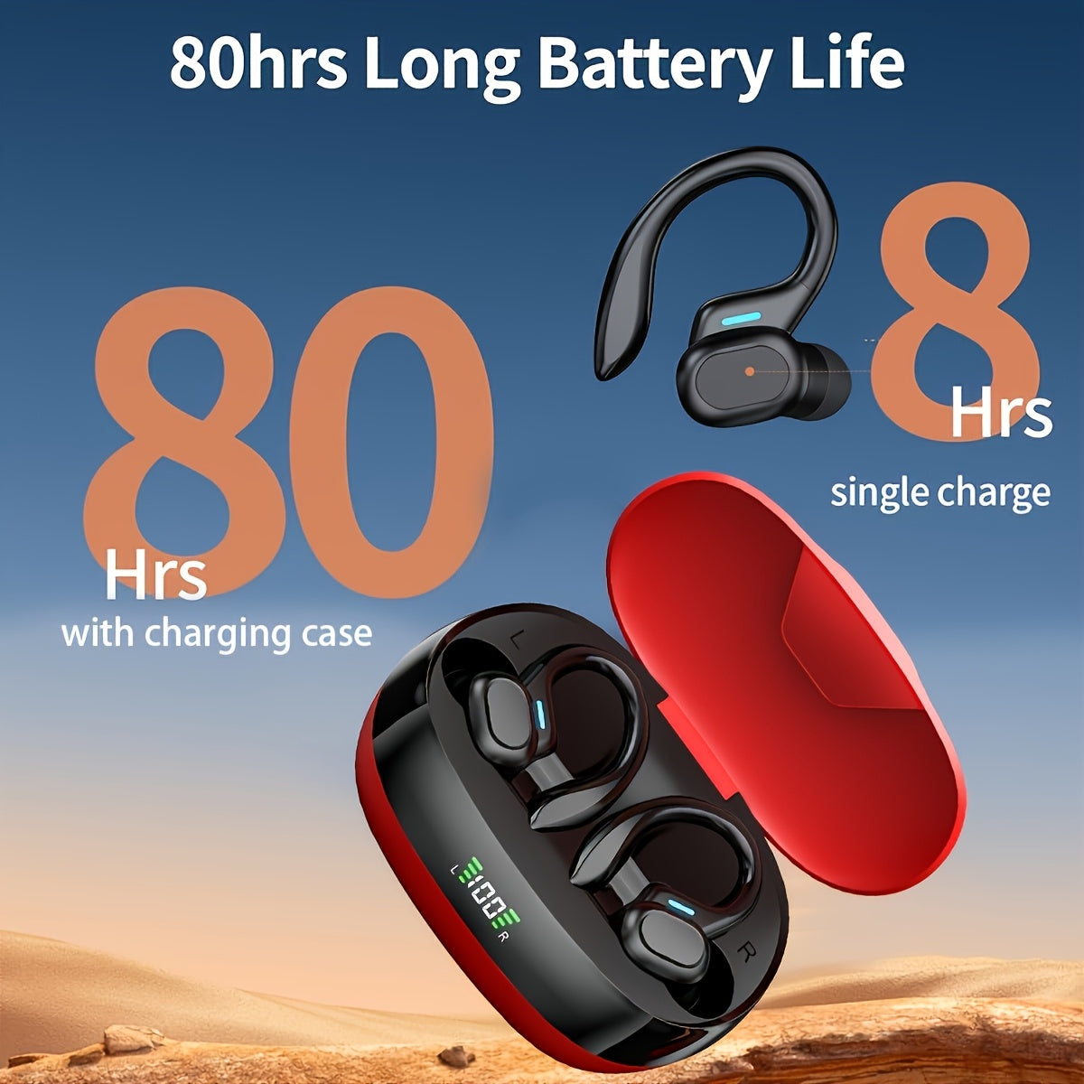 Ecouteurs sans fil LAN XUN crochets oreille - Batterie 300mAh, USB-C, boitier charge, micro condensateur, rouge ou noir