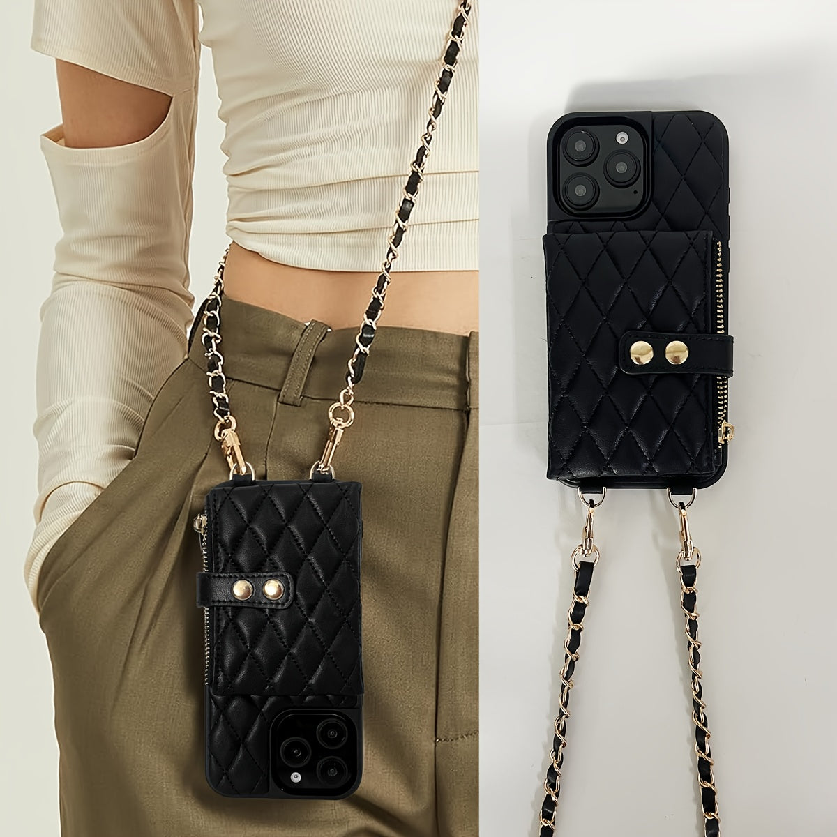 Coque iPhone Portefeuille Matelassee Similicuir Porte-Cartes Bandouliere Chaine - iPhone 11 a 17 Pro Max Beige Noir Rouge