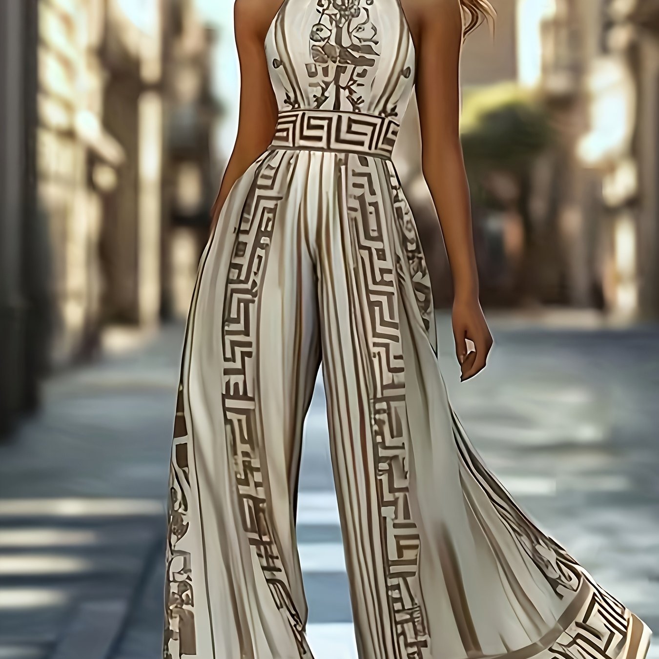 Combinaison femme elegante vintage sans manches - Col rond, imprimee, polyester, toutes saisons, multicolore