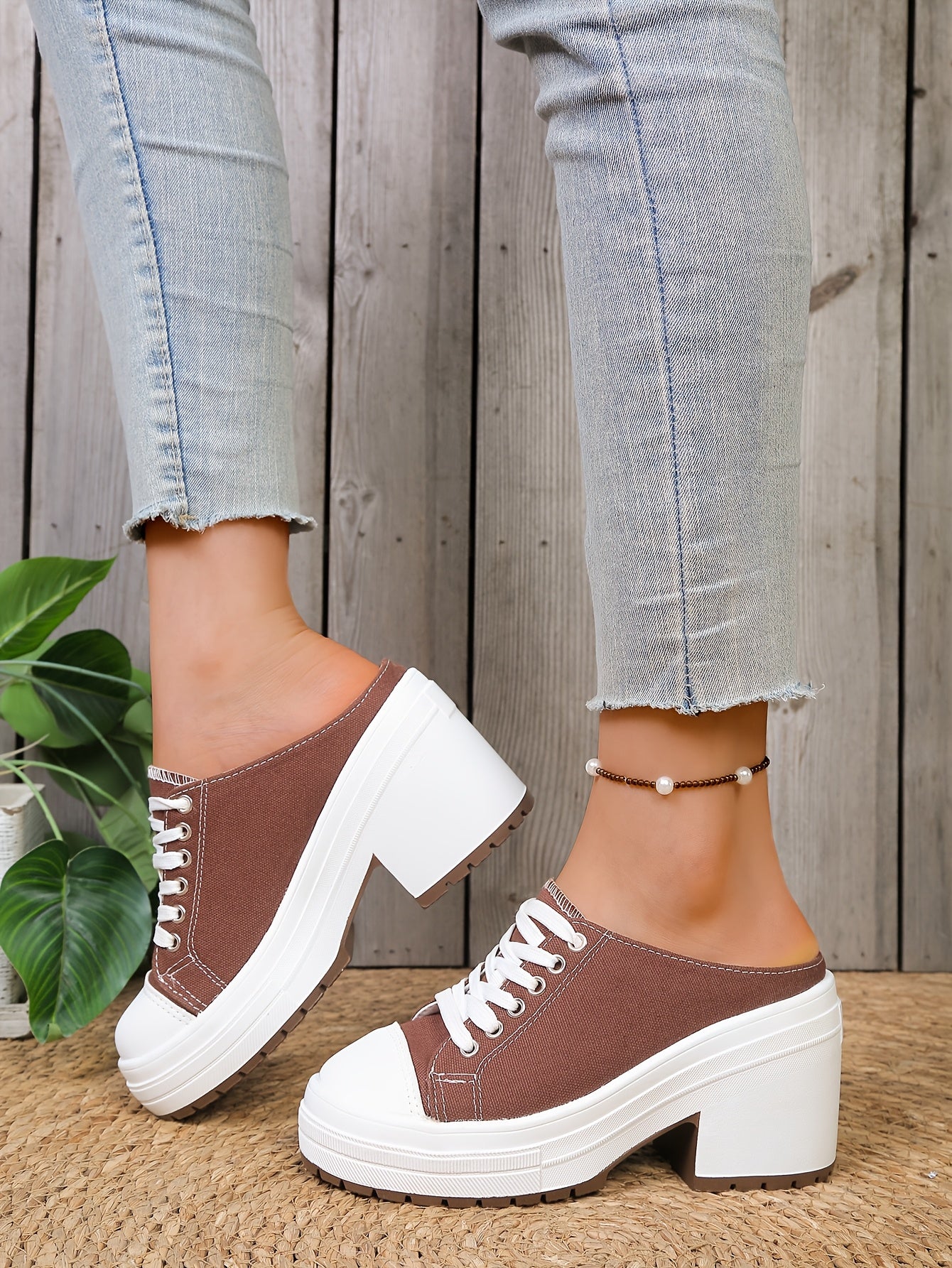 Mules Femme Talon Compense Lacets Tissu Semelle PU - Bout Rond Decontracte Noir Marron EU 36-42