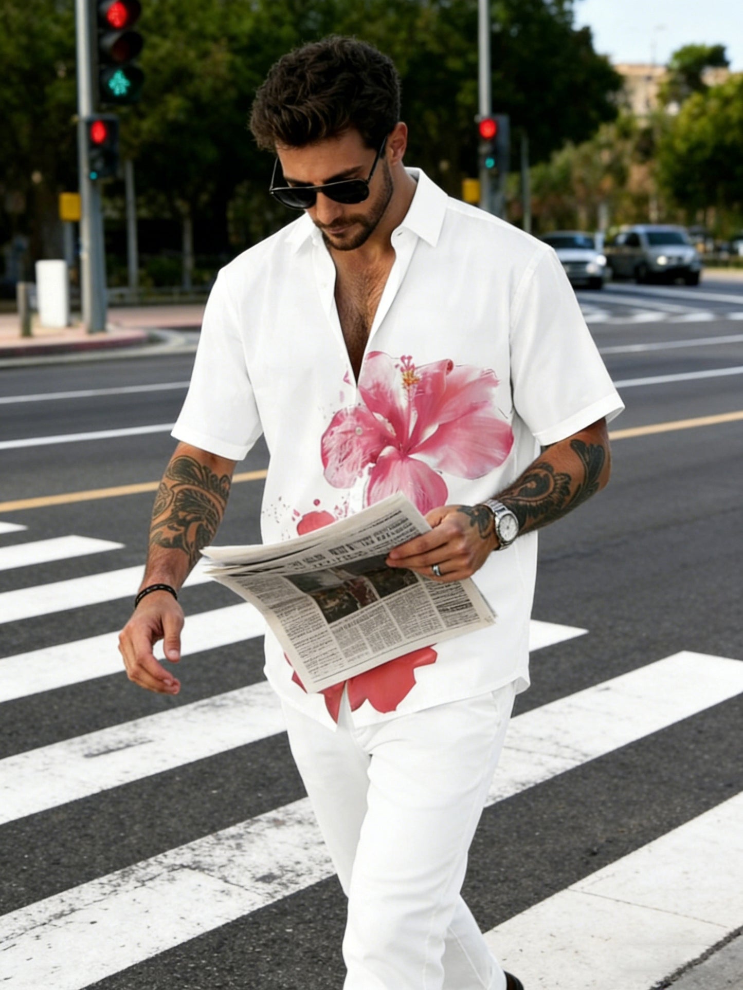 Chemise homme fleurie hibiscus manches courtes - Style décontracté été
