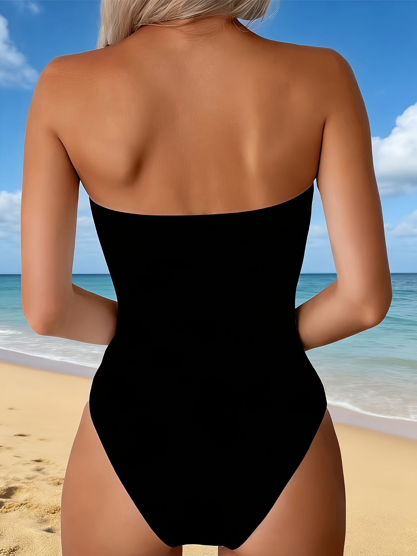 Maillot de Bain 1 Piece Femme Bandeau Epaules Denudees Imprime Floral - Rembourrage Amovible, Tissu Stretch, Noir, S au XL