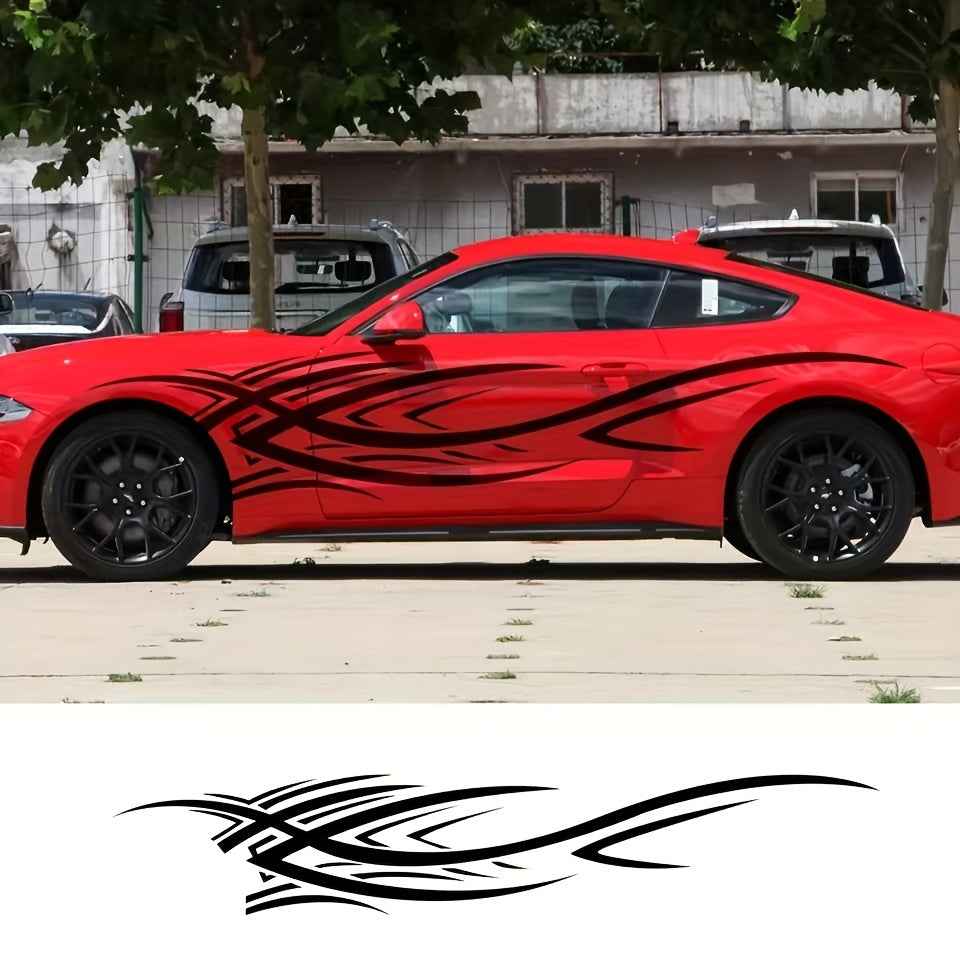 2pcs Sports Car Vinyl Stickers - Black & White Aggressive Design, Self-Adhesive Side Skirts for Cars, Trucks, and Motorcycles, Glossy Finish, Single Use, Sports Car Accessories | Aggressive Design | Glossy Vinyl