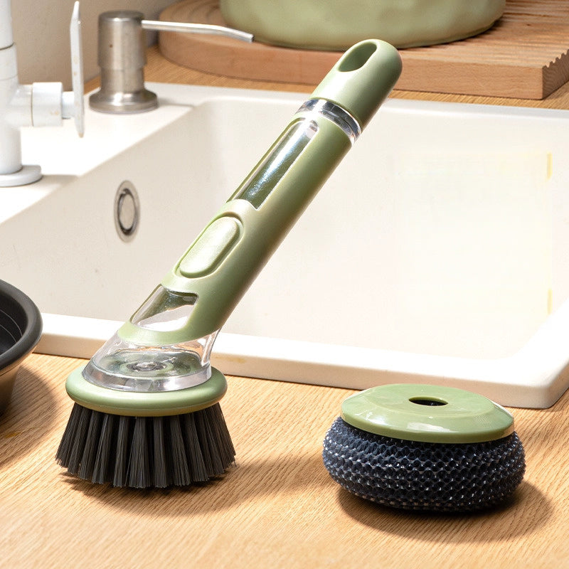 Brosse vaisselle ergonomique distributeur savon integre - Manche allonge, tete interchangeable, plastique, vert