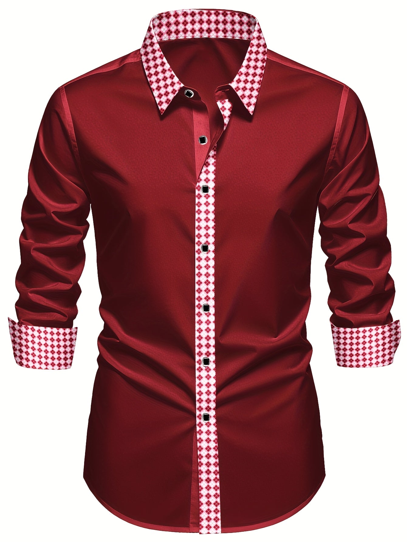 Chemise Homme Manches Longues Col Revers Blocs de Couleur 100% Polyester Decontractee - Rouge FR S-XL
