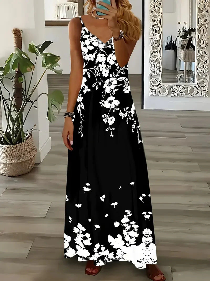 Robe longue sans manches femme - Imprimé 3D, bretelles, style romantique