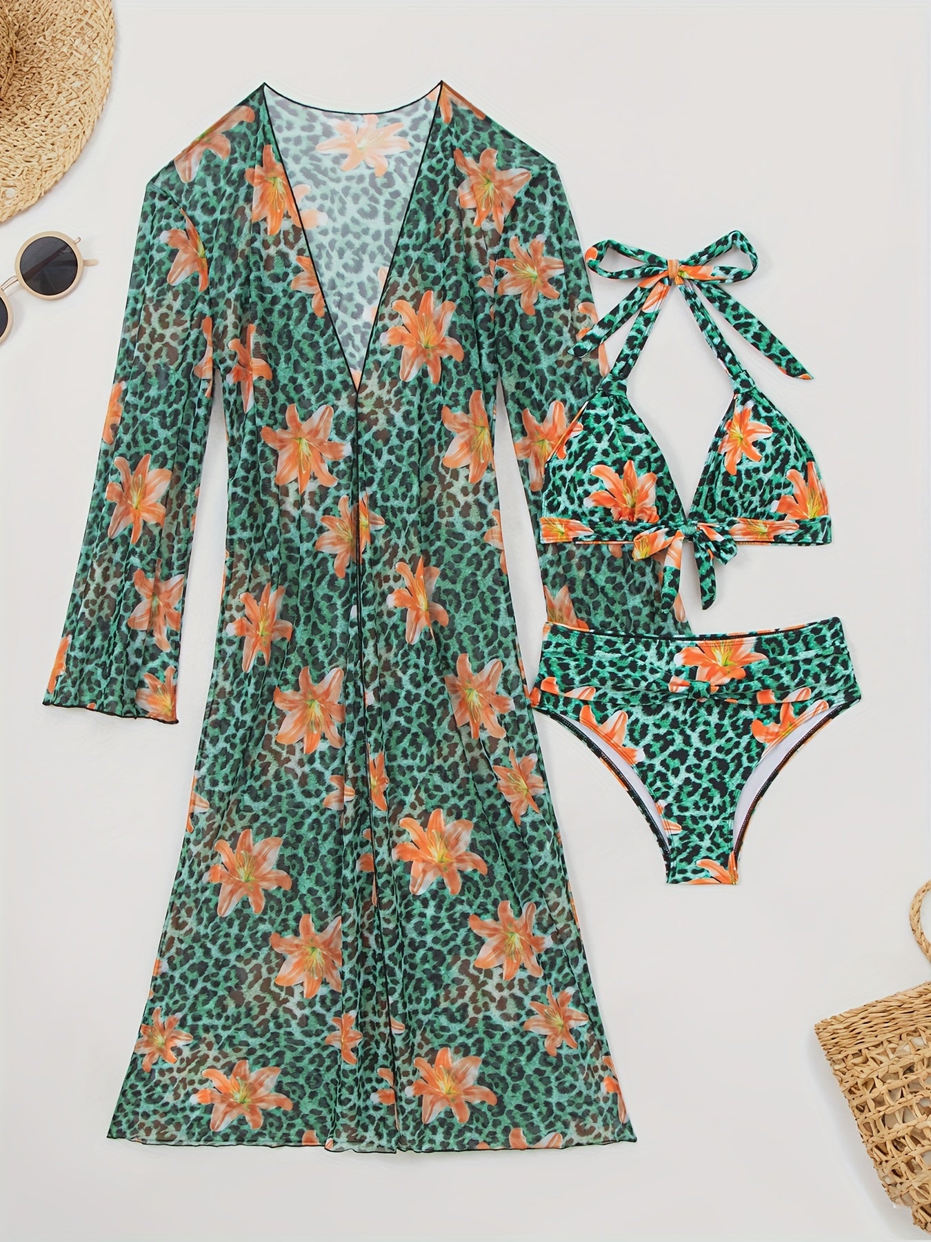 Bikini Femme Col V Manches Longues Imprime Integral Aleatoire - 82% Polyester Elasthanne Tres Extensible Vert S-XXL
