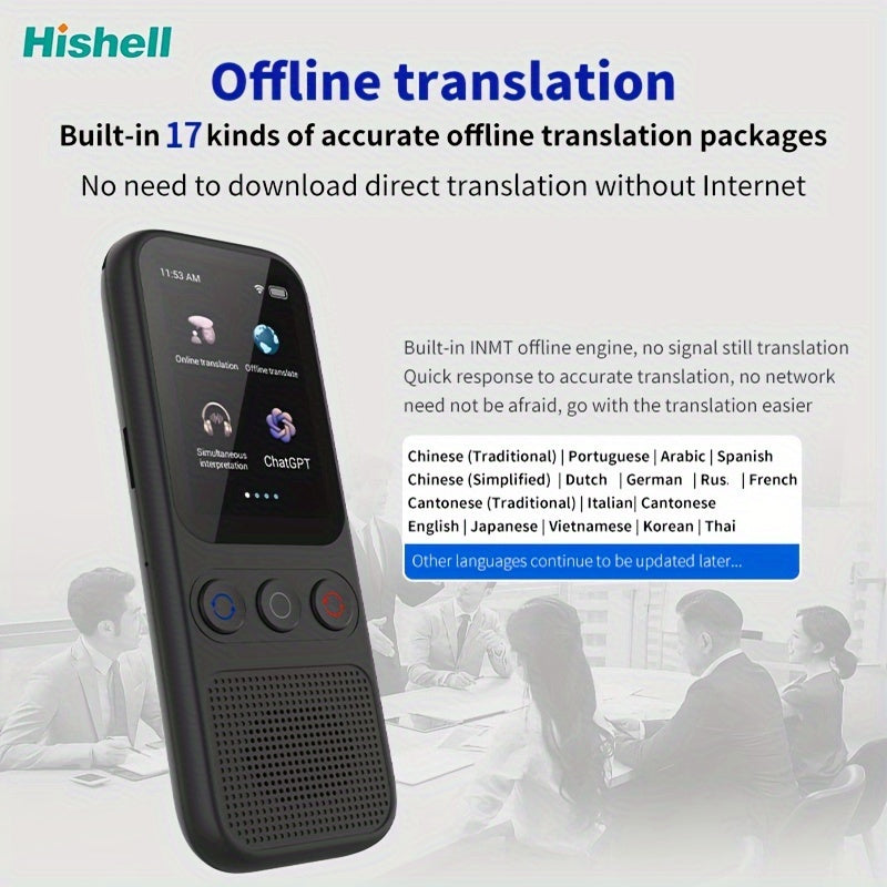Traducteur Vocal Bidirectionnel Hishell - 138 Langues, Hors Ligne, Ecran Tactile HD 2 pouces, WiFi, USB-C