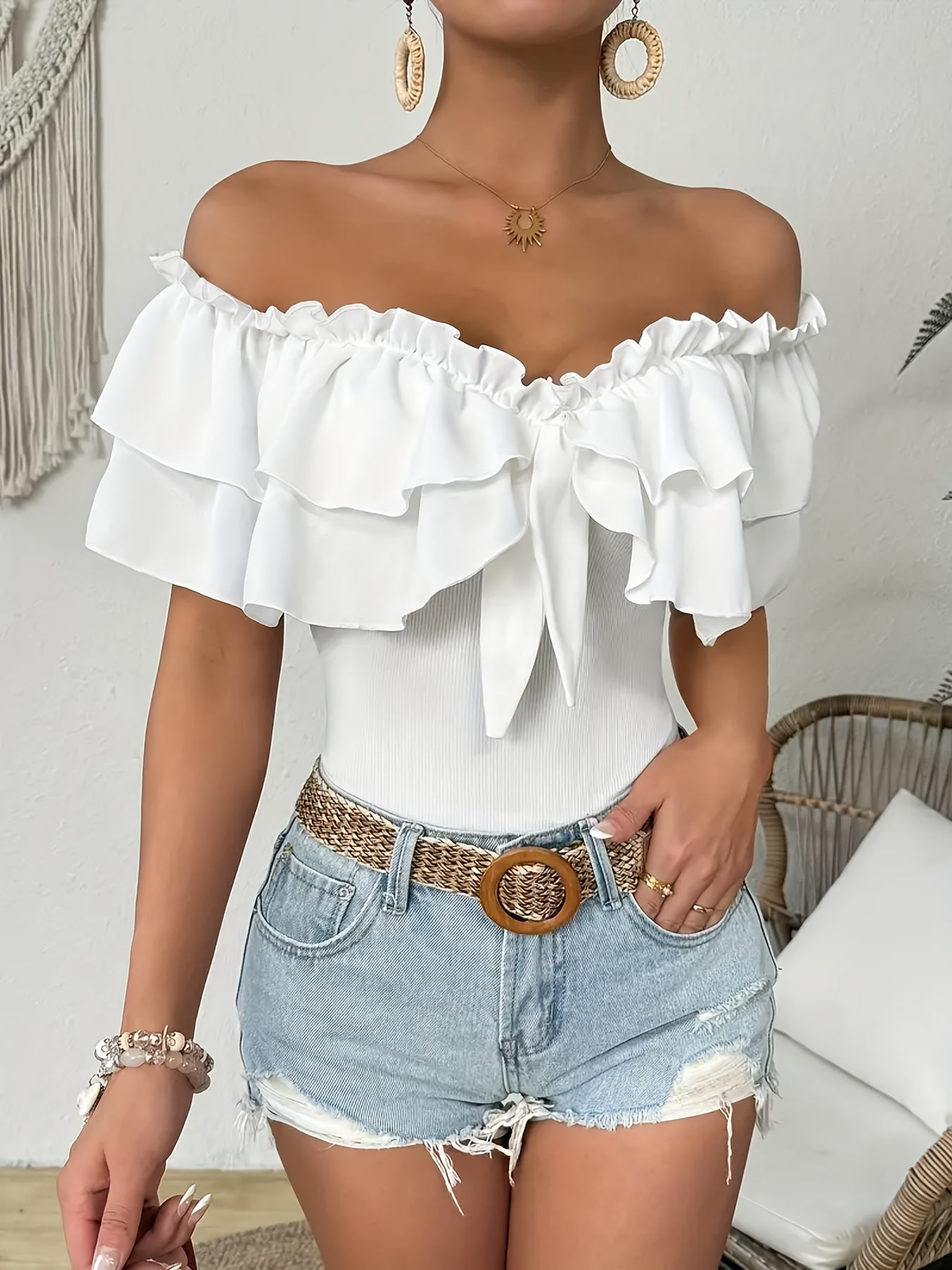 Maillot de Bain Une Piece Femme Epaules Denudees Volants Couleur Unie - 95% Polyester Elasthanne Style Vacances Blanc XS-XL
