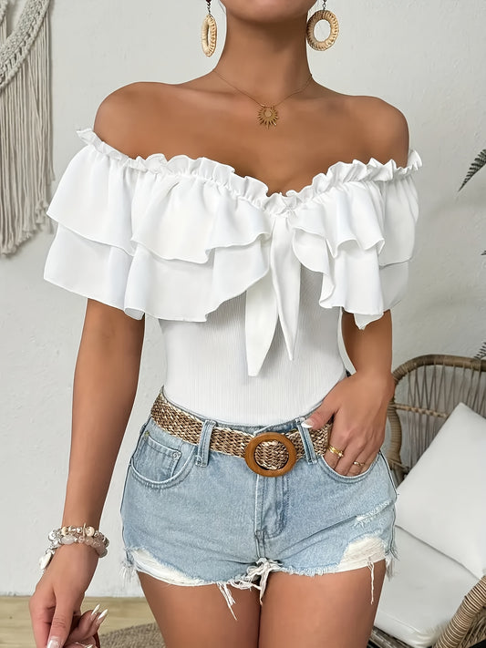 Maillot de Bain Une Piece Femme Epaules Denudees Volants Couleur Unie - 95% Polyester Elasthanne Style Vacances Blanc XS-XL