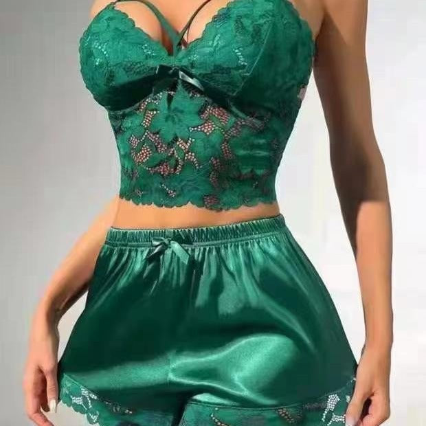 Ensemble pyjama debardeur et short en dentelle femme - Maille polyester, 5 coloris, S a XXXL
