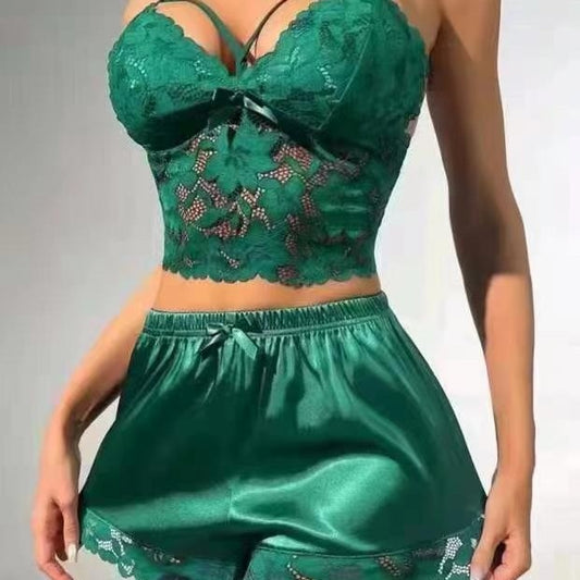 Ensemble pyjama debardeur et short en dentelle femme - Maille polyester, 5 coloris, S a XXXL
