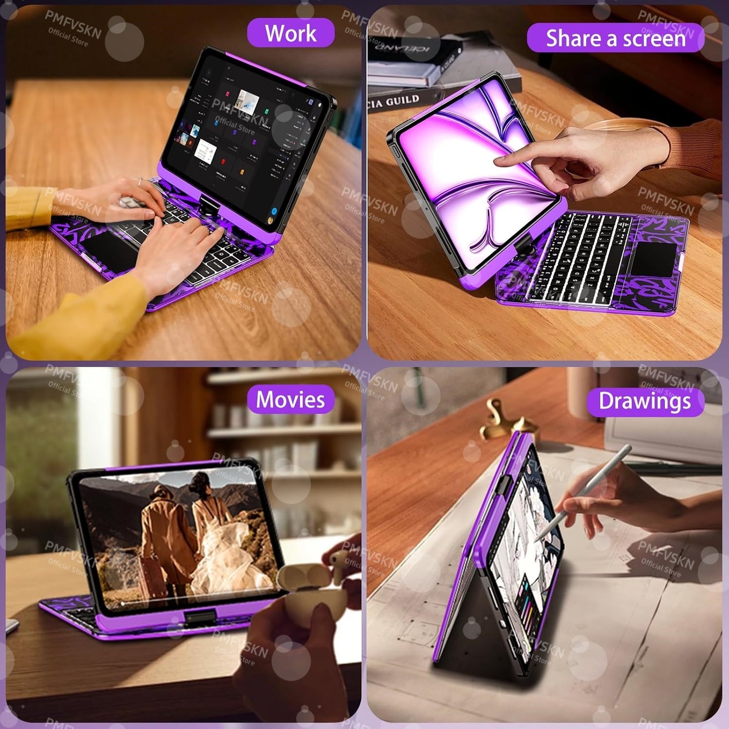 Étui Clavier Bluetooth iPad Transparent Rotatif 360° - Pavé Tactile Porte-Crayon Rétroéclairage 7 Couleurs