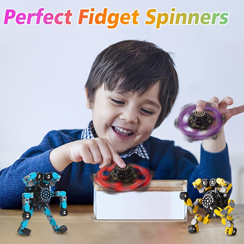 Lot 4 Robots Transformables Toupie Gyroscope Doigts - Robot a Chaine, Couleurs Melangees, Cadeau Enfants Ados 3 Ans+