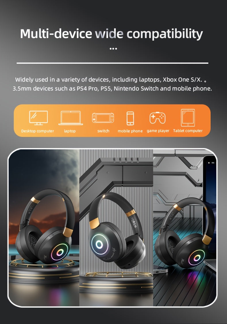 Casque Sans Fil Pliable avec Lumières LED – Gaming & Musique, Batterie 200mAh & USB-C | Noir & Blanc