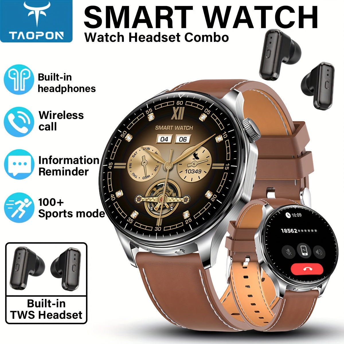 Montre Connectée 2-en-1 TAOPON – Écran AMOLED HD, Appels Sans Fil & Modes Sportifs | Homme & Femme