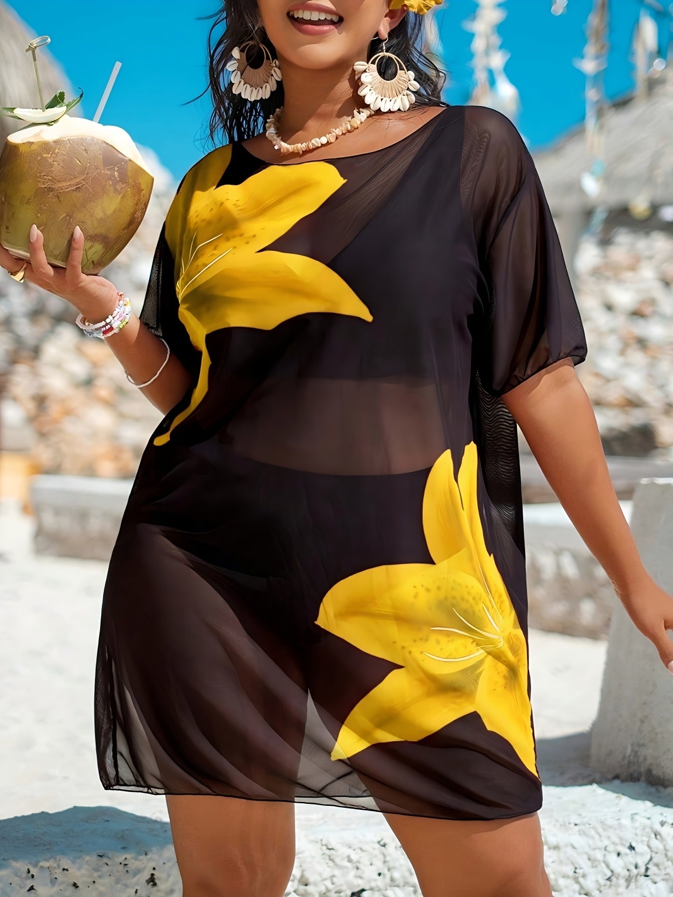 Cache-Maillot Robe de Plage Femme Grande Taille Imprime Floral Tres Extensible Semi-Transparent - 100% Polyester Decontracte Bleu Rose Jaune L-3XL