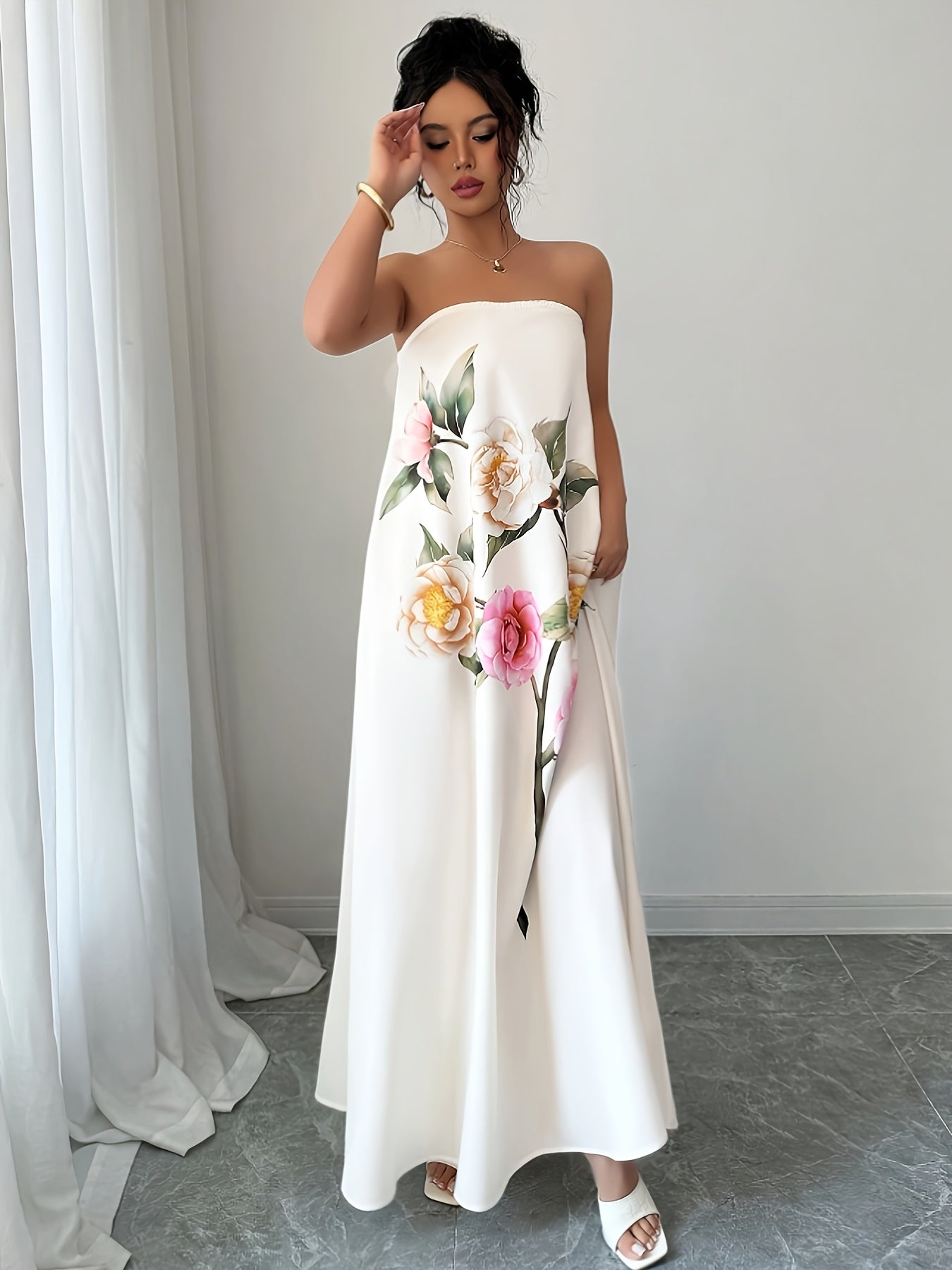 Robe Tunique Femme Elegante Imprime Floral Epaules Denudees – Style Ete Chic, Blanc | S au XL
