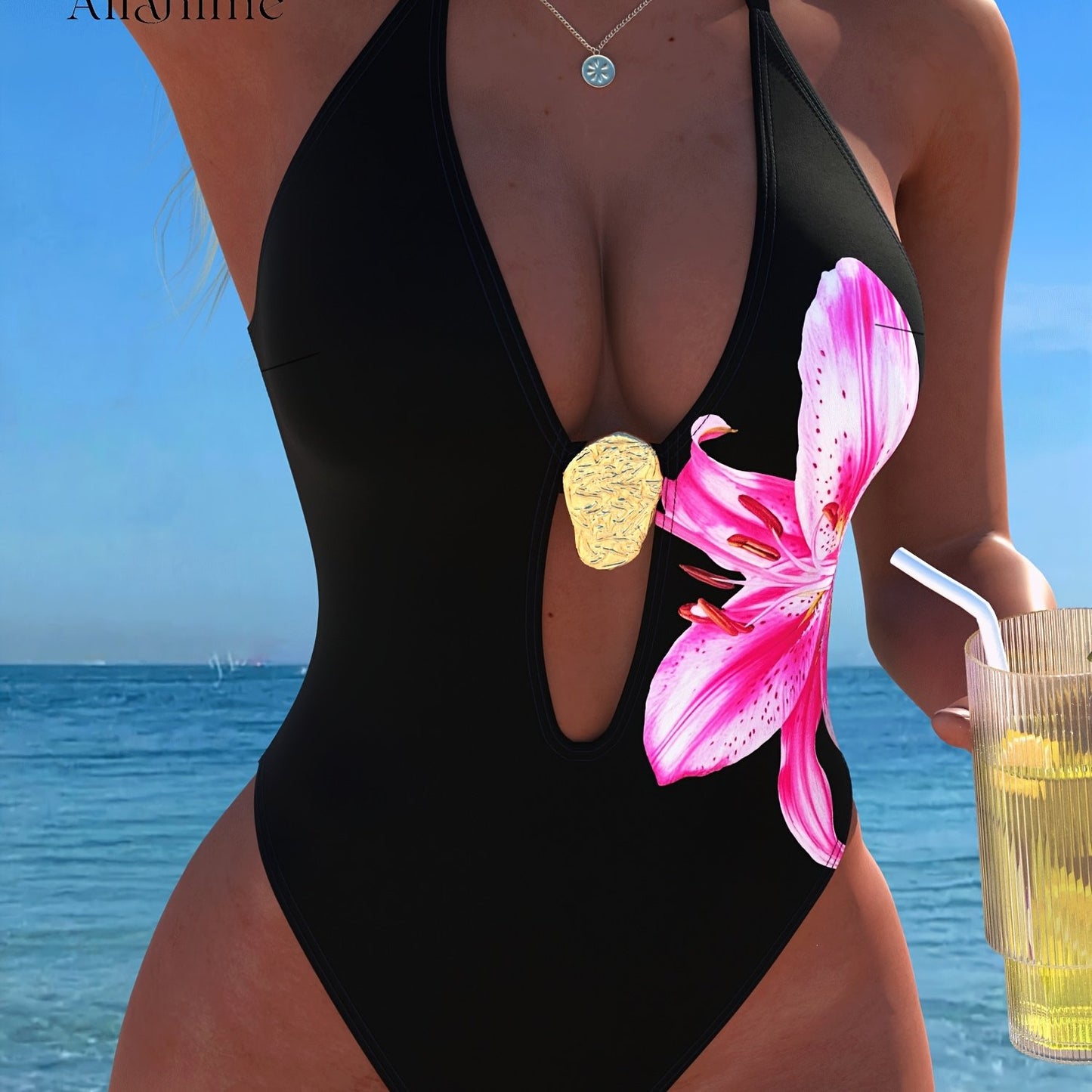 Maillot de Bain 1 Piece Femme Dos Nu Imprime Floral - Tissu Stretch, Style Sexy, Noir, S au XL