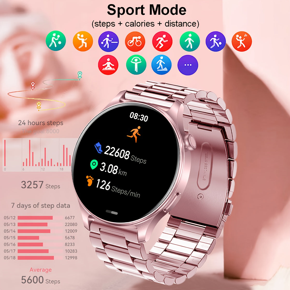 Montre Connectée Femme – Écran AMOLED 1,53", 100+ Modes Sportifs, Appels Sans Fil & IP68 | Charge Magnétique