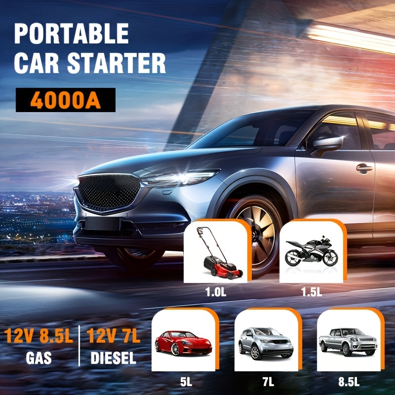 Demarreur de batterie portable voiture KOPUO 4000A - 12V, essence 8.5L, diesel 7L, USB, LED, 2 coloris