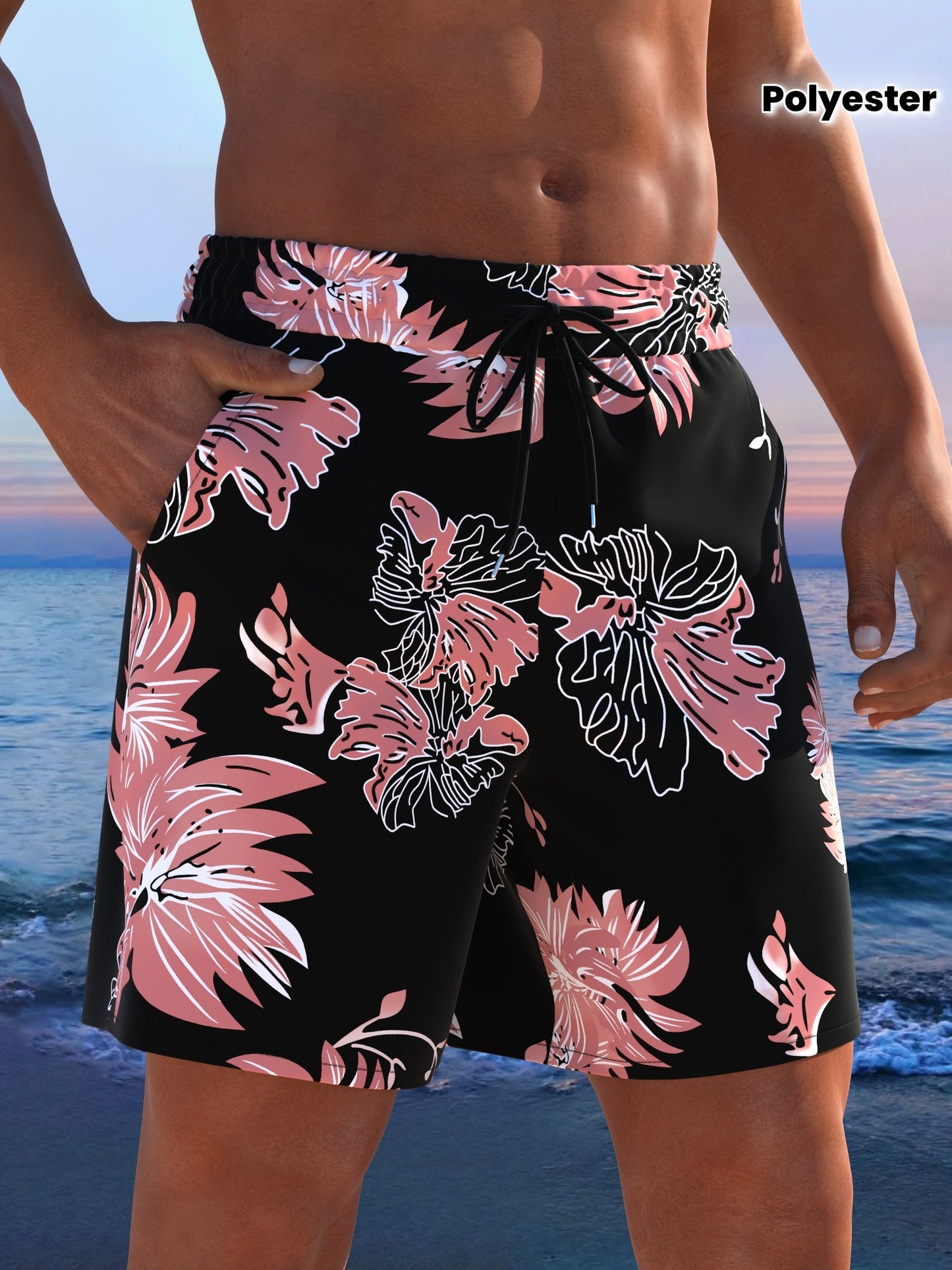 Short de plage homme imprimé tropical cordon ajustable - Coupe ample, séchage rapide