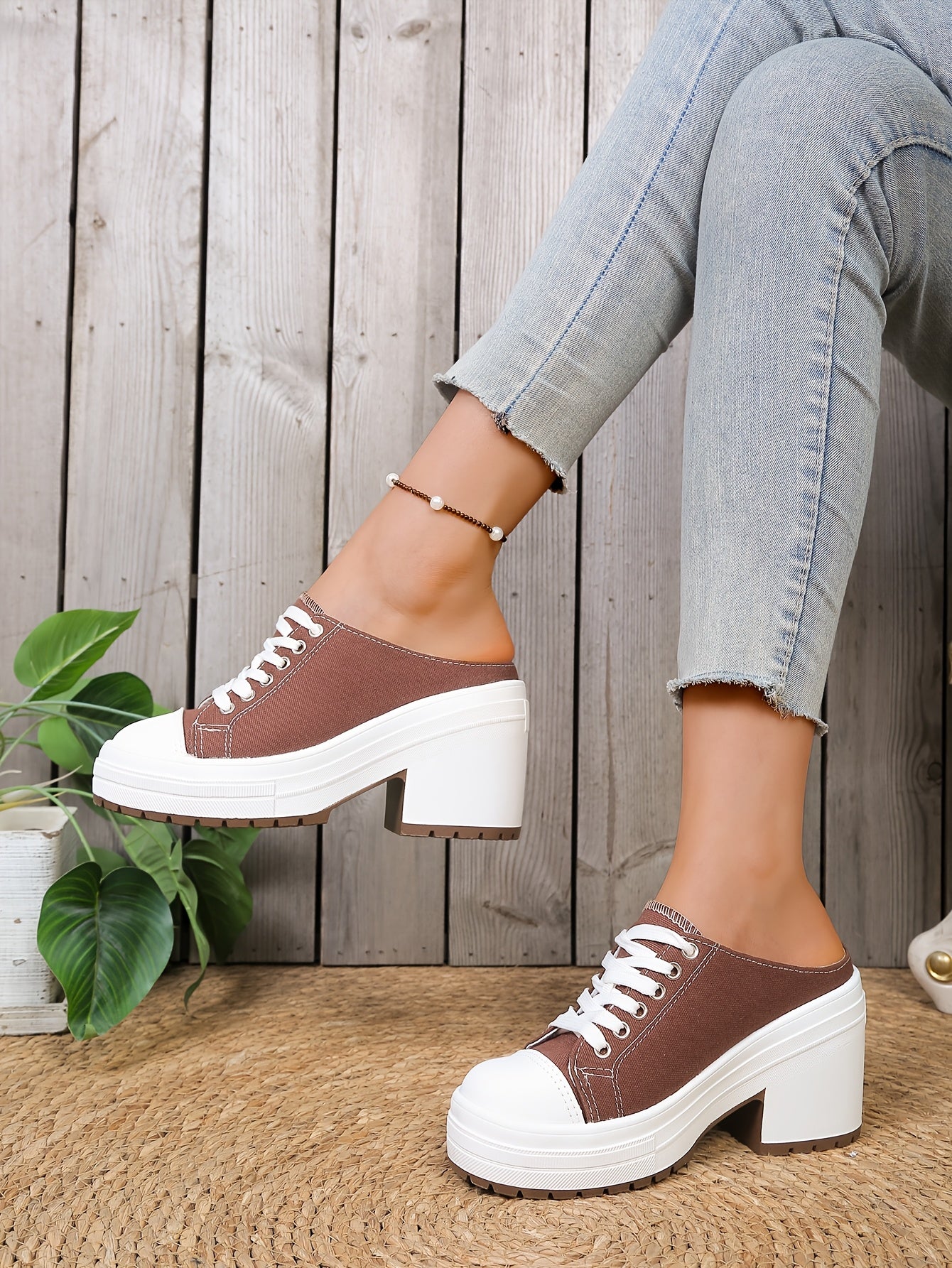 Mules Femme Talon Compense Lacets Tissu Semelle PU - Bout Rond Decontracte Noir Marron EU 36-42