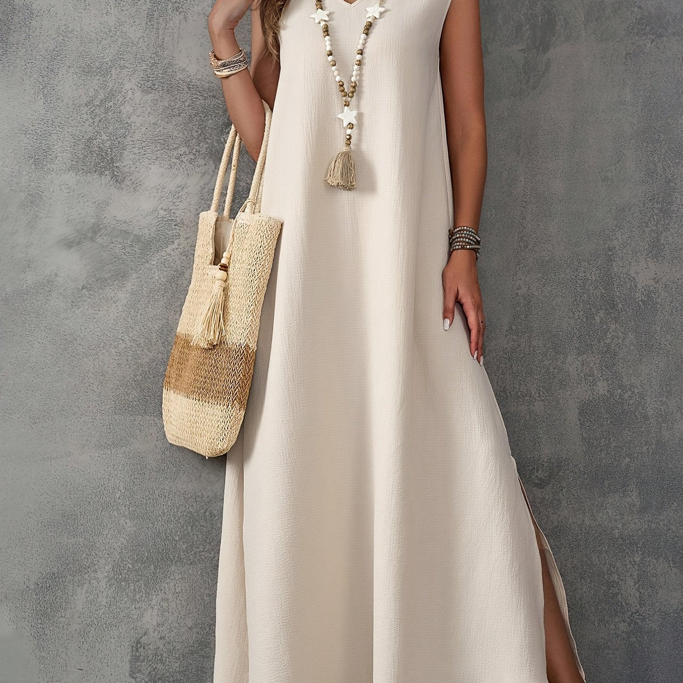 Robe Fendue Grande Taille Femme — Sans Manches, Col en V, Motif Géométrique, Beige, 1XL-4XL