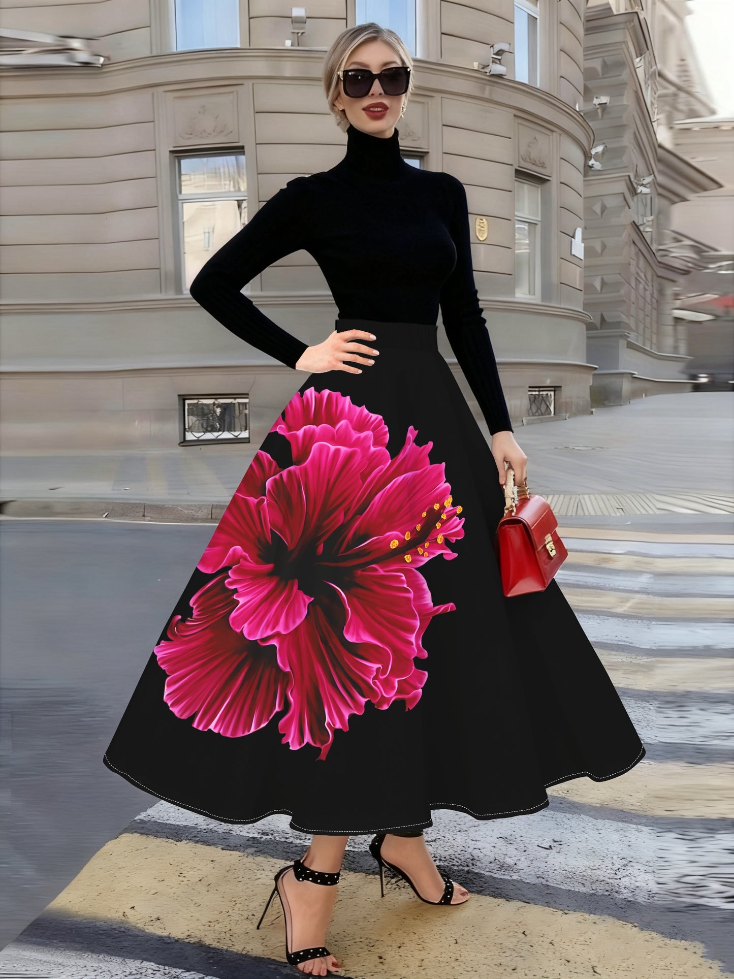 Jupe Femme Fond Noir Motif Floral – Style Vacances, Toutes Saisons