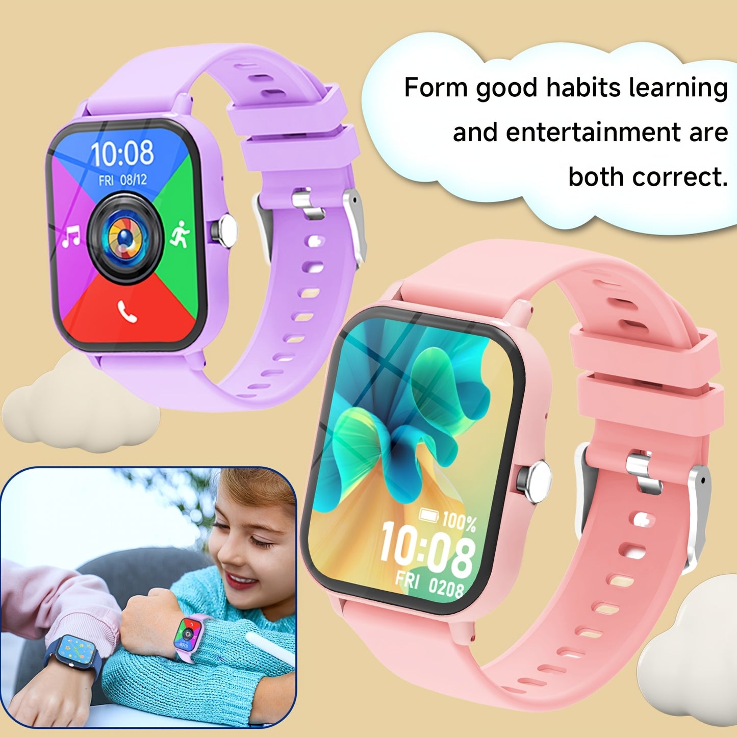 Montre Connectee Enfants Educative - Jeux, Musique, Photo Distance, Calculatrice, Reveil, Bracelet Silicone, 4 Coloris
