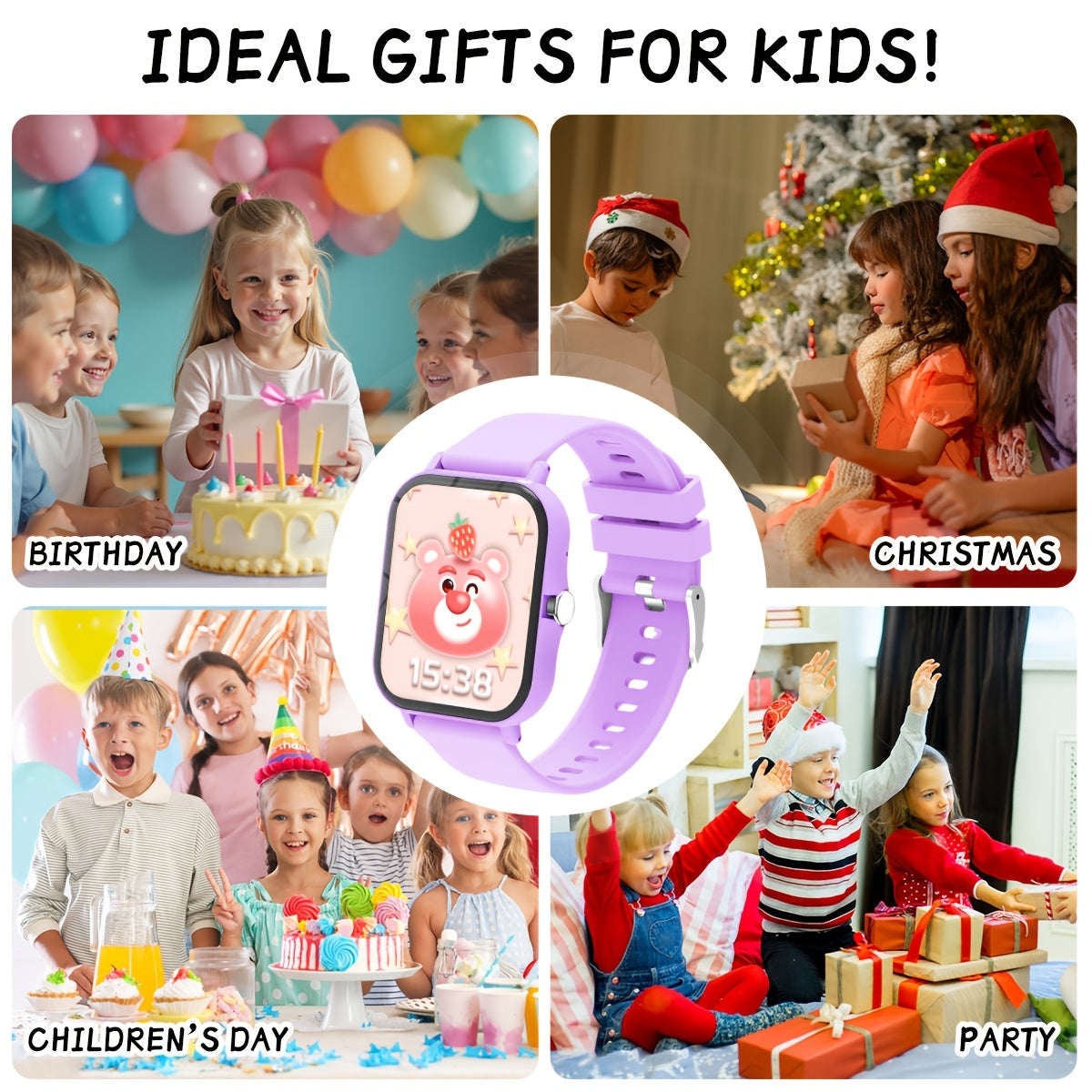 Montre Connectee Enfants Multifonctions - Appels Sans Fil, Musique, Meteo, Lampe Torche, Bracelet Silicone, 3 Coloris