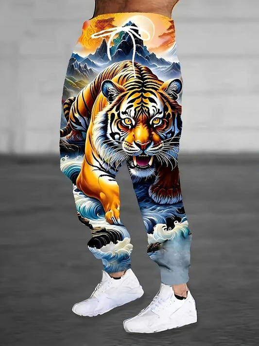 Pantalon Sport Décontracté Homme — Imprimé Rétro Tigre, 100% Polyester, Cordon, S-XXXL