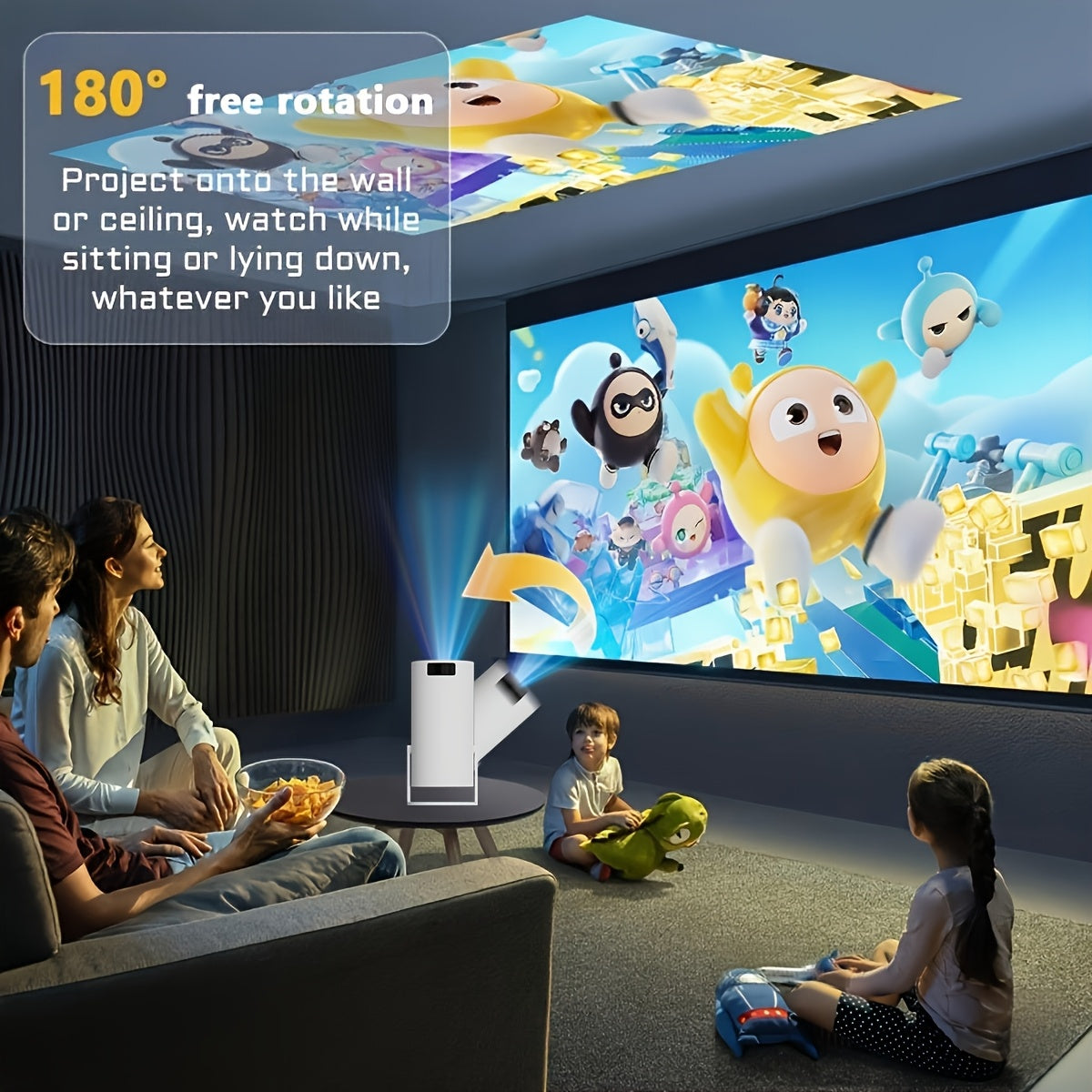 Mini projecteur Full HD 1080p affichant des personnages animés sur un grand mur, utilisé par une famille dans un salon.