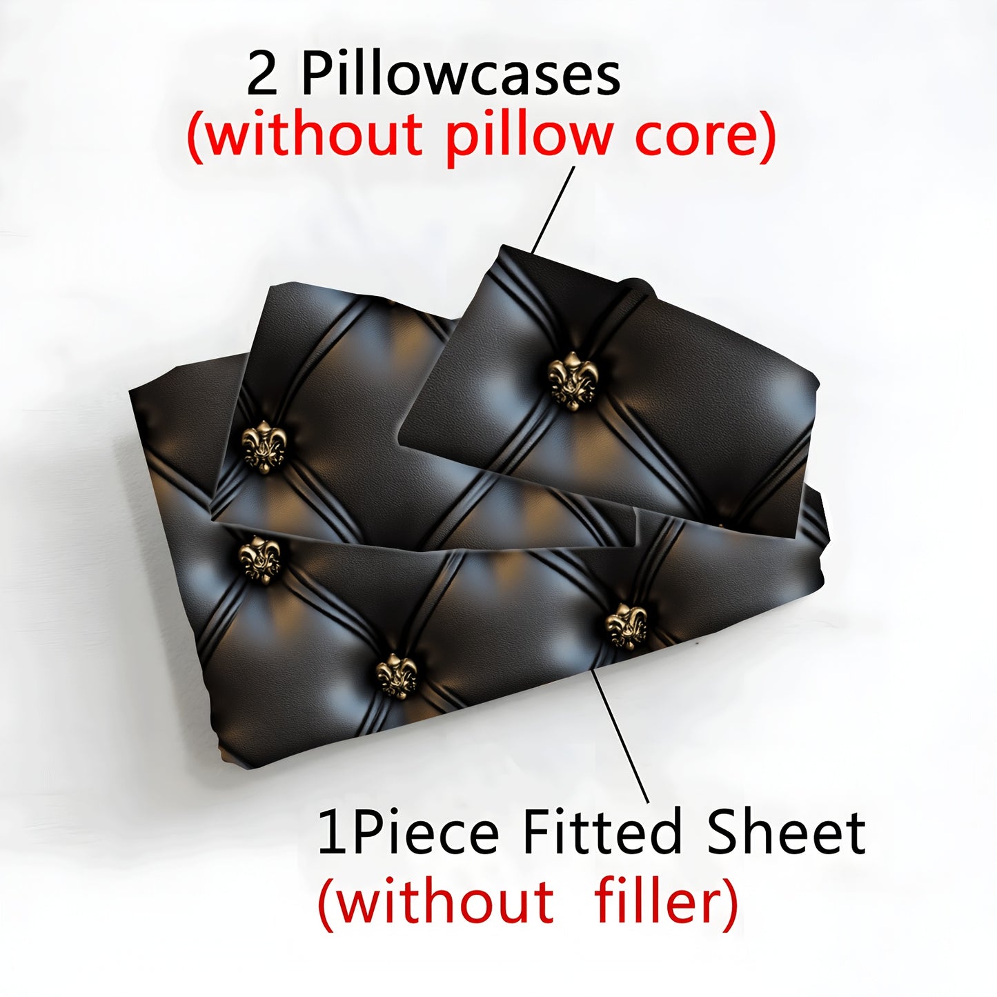 Ensemble Drap-Housse Capitonné 3 Pièces — Motif Cuir Noir & Boutons Dorés, 100% Polyester, 10 Tailles