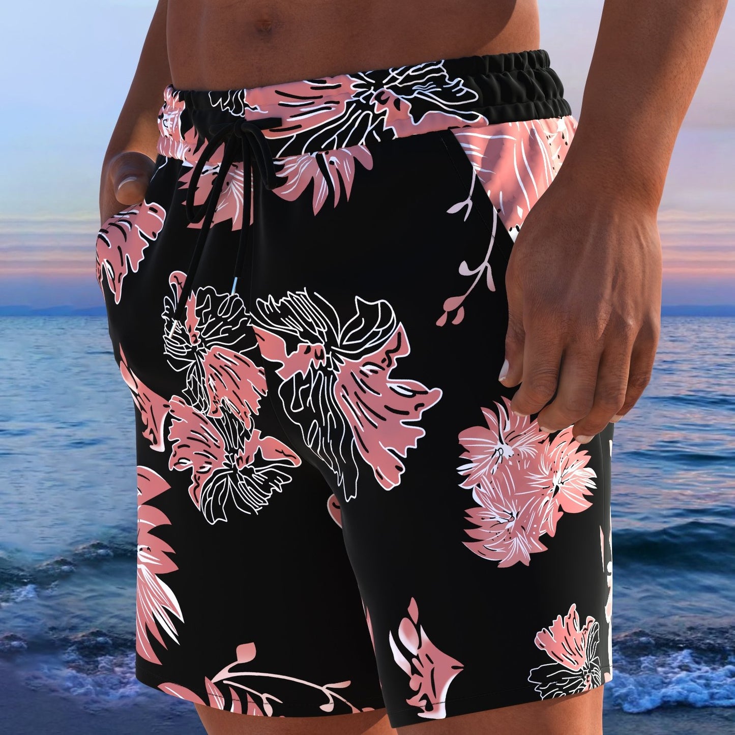Short de plage homme imprimé tropical cordon ajustable - Coupe ample, séchage rapide