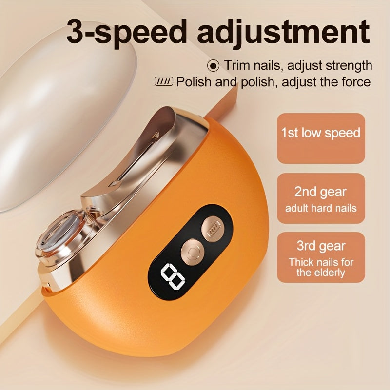 Coupe-ongles electrique 2 en 1 - Manucure, polissage, anti-coupure, eclairage, recharge USB, blanc ou orange