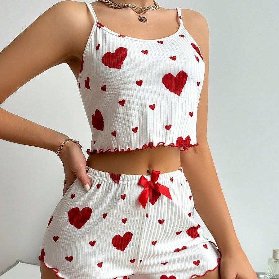 Ensemble pyjama femme bretelles et short - Tissu cotele rayures creuses, imprime coeur, style europeen
