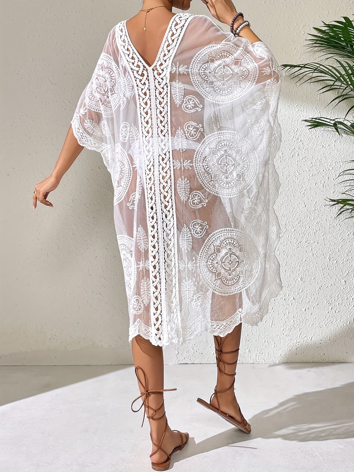 Robe de Plage Femme Boheme Col en V Maille Contrastee Couleur Unie Semi-Transparente - 65% Nylon Viscose Beige Taille Unique