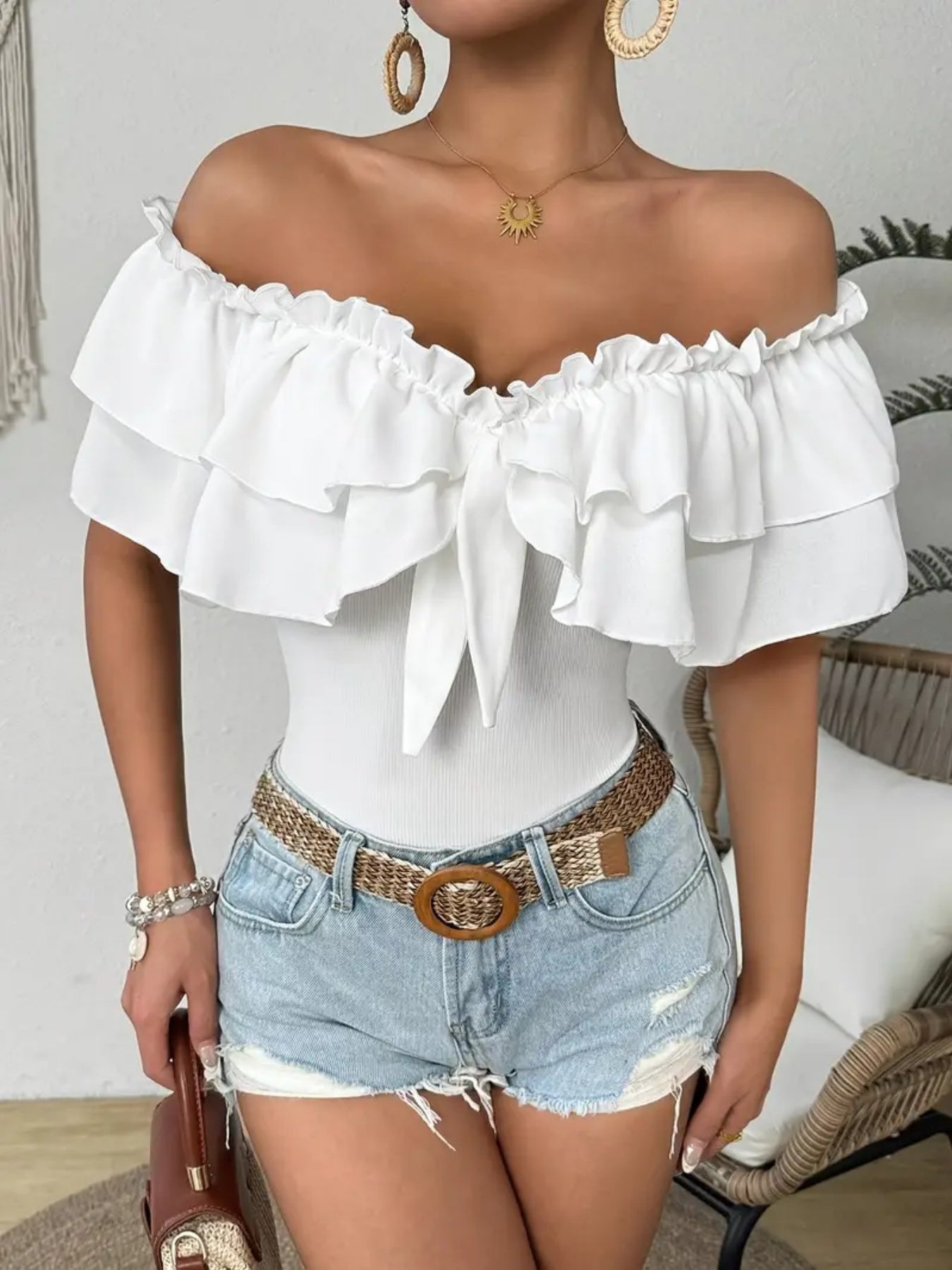 Maillot de Bain Une Piece Femme Epaules Denudees Volants Couleur Unie - 95% Polyester Elasthanne Style Vacances Blanc XS-XL