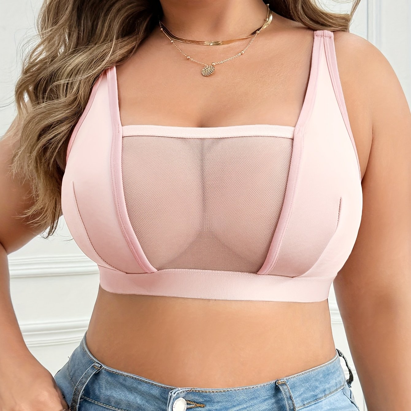 Soutien-Gorge Sans Fil Grande Taille Femme — 90% Polyester, Maille Contrastée, 3 Coloris, L-4XL