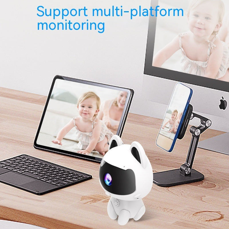 Camera de Surveillance WiFi 720p Forme Chat V380 - Blanc, Zoom Electronique, Vision Nocturne