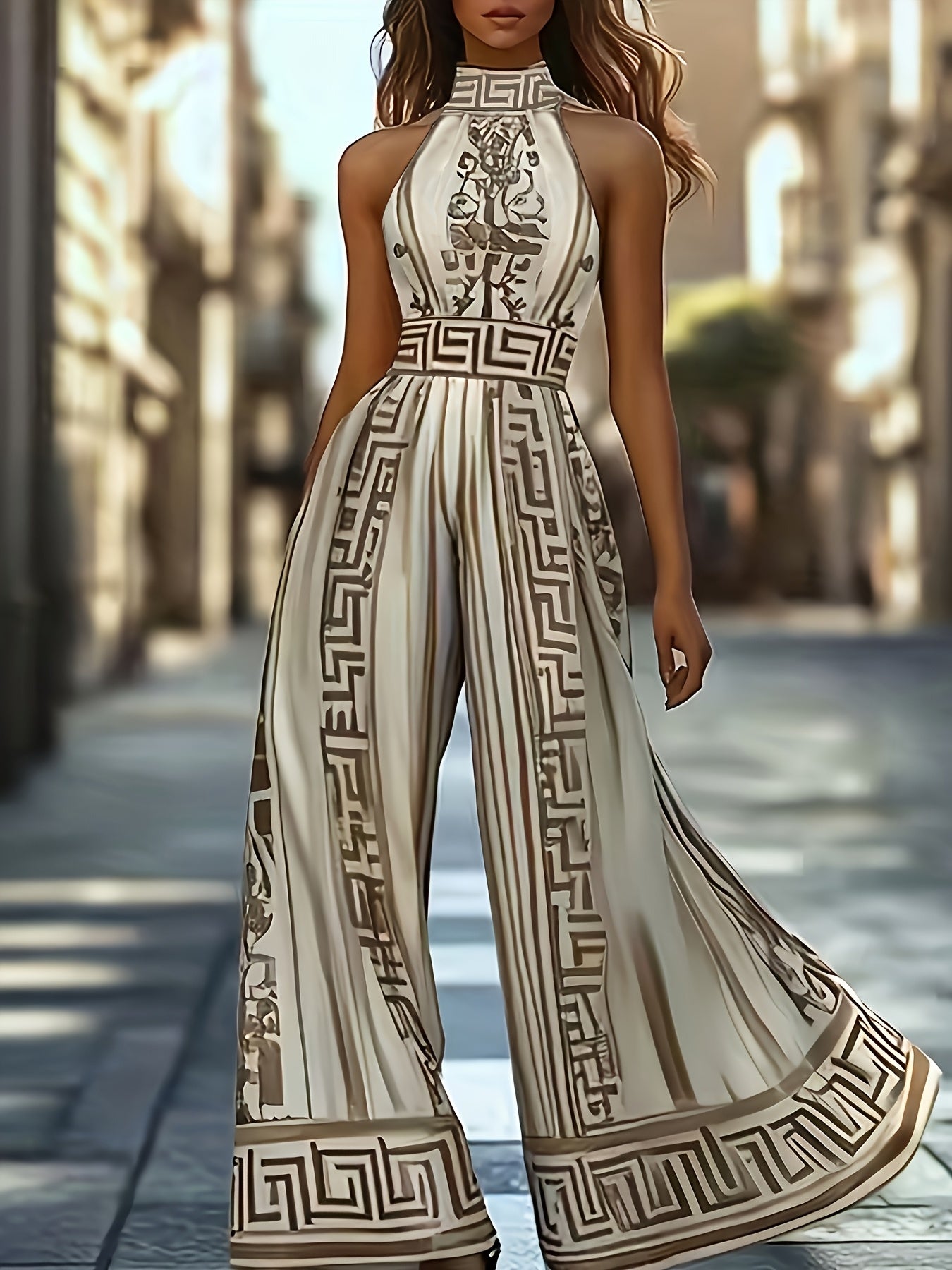 Combinaison femme elegante vintage sans manches - Col rond, imprimee, polyester, toutes saisons, multicolore