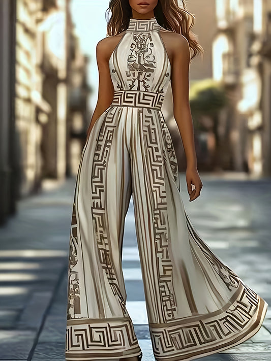 Combinaison femme elegante vintage sans manches - Col rond, imprimee, polyester, toutes saisons, multicolore
